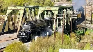 Big Boy 4014 Exits Tunnel, Blowing Whistle & Crossing Trestle!  Live Action!