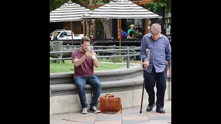 Comedian Andy Gross tears up an old man’s newspaper!