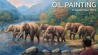 Oil Painting Time lapse - Elephants and River