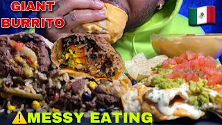 ⚠️MESSY EATING SPICY CHEESE SAUCE🤤GIANT 🌯 BEEF AND STEAK BURRITO & LOADED NACHOS