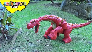 100 DINOS vs. NERF WAR Part 1!! "Skyheart Toys" dinosaurs for kids battle trex brontosaurus