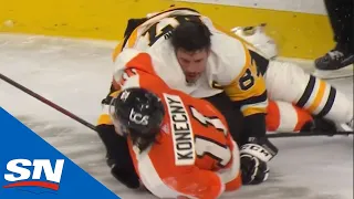 Sidney Crosby Wrestles Travis Konecny To The Ice, Pushes His Head Into Ice