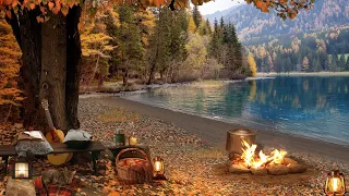 Autumn Lake Ambience with Calm Nature Sounds | Relaxing Campfire, Birdsong, Crunching Leaves