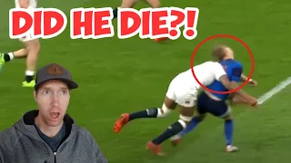 Californian Reacts | RUGBY Hits, Bump Offs & Spine Shattering Tackles - Bone Crunching Collisions!