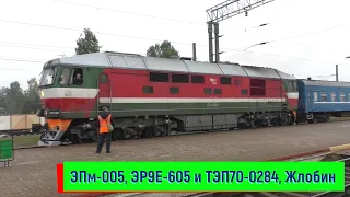 ЭПм-005, ЭР9Е-605, ЭР9Е-596 и ТЭП70-0284 с поездом №83 Санкт-Петербург – Гомель, станция Жлобин-Пасс