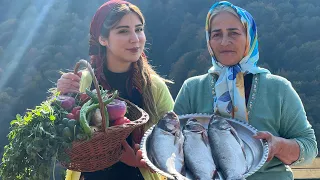 Cooking fresh and delicious salmon in the cold winter weather of the village!