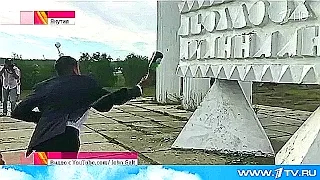 Неловко брошенная "на счастье" бутылка шампанского чуть не покалечила жениха.