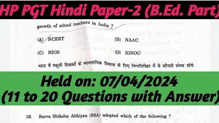 HP PGT Hindi B.Ed Portion Answer key (Part-2)