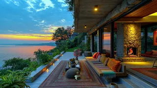 Cozy Lakeside Porch Ambience ☕ Sunset Spring with Soothing Jazz Music and Fireplace Sounds to Relax