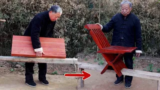 The old man carved a deformable chair out of a big piece of wood, showing his amazing wood wisdom