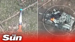 Ukrainians destroy a Russian T-72B3 tank with artillery and drones