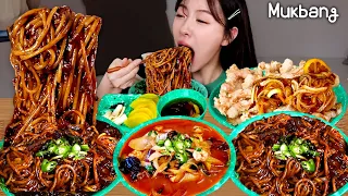 Spicy jajangmyeon(Black-bean-sauce noodles), spicy Jjamppong,Sweet and sour pork ASMR MUKBANG