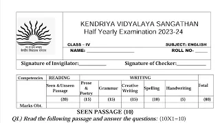 Half Yearly Exam Question Paper / Class-4 English /CBSE Exam Paper For Kendriya Vidyalaya Students