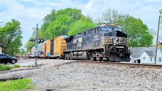 Northbound NS mixed manifest with two mid-train DPU on track one, crossing Sheehan Avenue