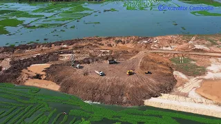Fantastic construction work dump truck unloading soil - bulldozer pushing soil build island (Part 2)