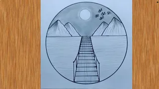 Mountain and River Landscape Drawing || Easy Scenery Drawing landscape - circle drawing