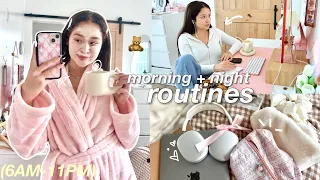 my morning + night routine (vlog) in college, GRWM, self care habits, productive 6AM-10PM day 🧺☁️🎀