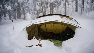 Snowstorm solo camping | Hot tent buried in snow