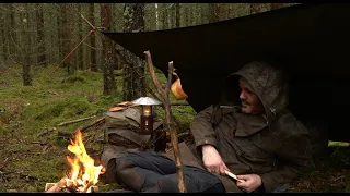 EMERGENCY PONCHO SHELTER - Solo Overnight- Bushcraft Wild Camping in Remote Forest - Off Trail Hike