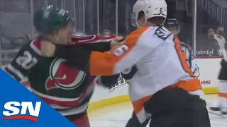 Michael McLeod Dumps Sean Couturier Into The Boards & Fights Travis Sanheim