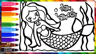 Dibuja y Colorea Una Linda Sirena 🧜‍♀️🌊🐚🌈 Dibujos Para Niños