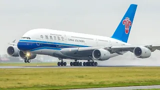 (4K) BAD weather Plane spotting at Amsterdam Schiphol - Spray and condensation action!