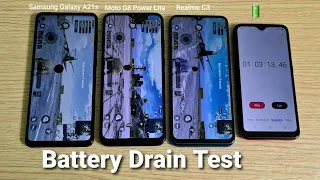 Samsung Galaxy A21s vs Motorola G8 Power Lite vs Realme C3 Battery Drain Test