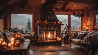 Cozy Halloween Cabin in the Mountains Ambience | Rain, Thunder, & Fireplace Sounds & Music