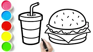 Burger Drawing, Painting & Coloring For Kids and Toddlers | How to Draw Burger Menu