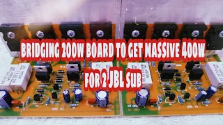 Bridging 200w board to get a massive power of 400wrms. It can easily run 2 JBL subwoofers