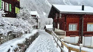 Wengen, Switzerland 4K - Snowy walk in a beautiful Swiss village - Winter wonderland