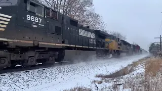 Fast NS train with awesome Doppler effect kicks up snow, CSX Manifest crosses overpass, snow trains!