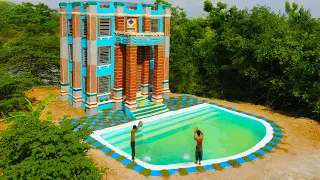Build The Most Creative 4-Story Classic Mud Villa & Design Swimming Pool For Living In The Forest