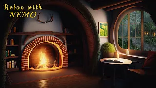 Cozy Hobbit Reading Nook Ambience 📖 Relaxing Fireplace & Rainfall Sounds / Relaxation, Study, Sleep