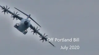 RAF A400 Military Plane circles Portland Bill. Spectacular low-level flying, successor to Hercules