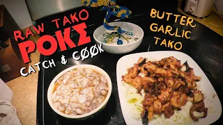 RAW TAKO POKE (Octopus)& Butter Garlic Tako +Microwave EXPERIMENT Catch and Cook Spearfishing Hawaii