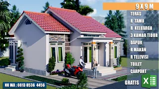 Desain Rumah Minimalis Sederhana 9 x9 Meter Dengan 3 Kamar Tidur || Gratis RAB (FilePDF)