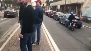 Roma fan taunts Leicester fans and crashes his scooter