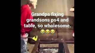 Grandpa fixing grandsons ps4 and table