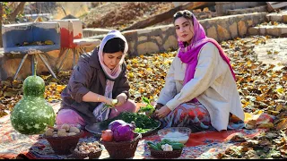 Cooking Traditional Iranian Pilaf (Sib Polo) with Pomegranate Salad in the Village