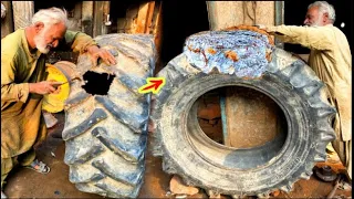 Hard working Old Man Repairing Big Tractor Tire Using Aluminium Mold |