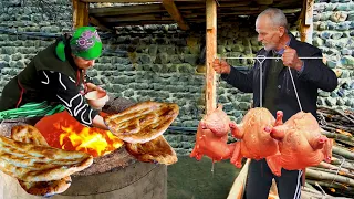 Grandma baked Tandoori Bread and Unusual Chicken in the CAUCASİAN VILLAGE