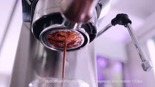DeLonghi Dedica with Bottomless Portafilter extraction espresso slow motion 120fps.