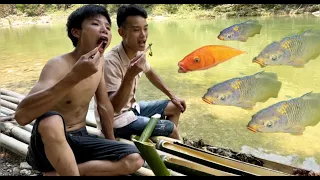 catching fish in the stream and the ending. giant fish. cooking