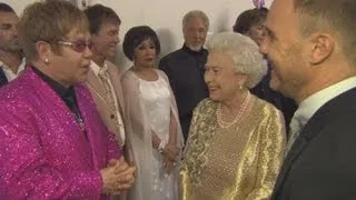 Elton John and the Queen poke fun at Gary Barlow backstage at the Diamond Jubilee concert