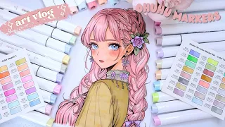 cozy art vlog 💐 // ohuhu marker art // girl coloring process