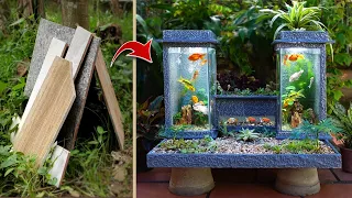 New design ideas - make an aquarium as twin towers from cement and floor tiles