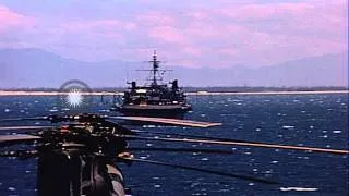 A UH-2A Seasprite helicopter lands on the flight deck of the USS Princeton underw...HD Stock Footage