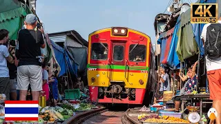 Maeklong Railway, Thailand🇹🇭 The Most Dangerous Train Market in Thailand (4K HDR)