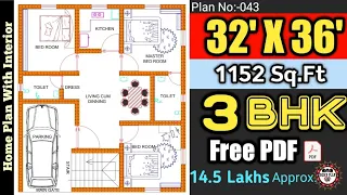 32 x 36 house plans || 32x36 ghar ka naksha ||32x36 house design || 3bhk || Plan:43